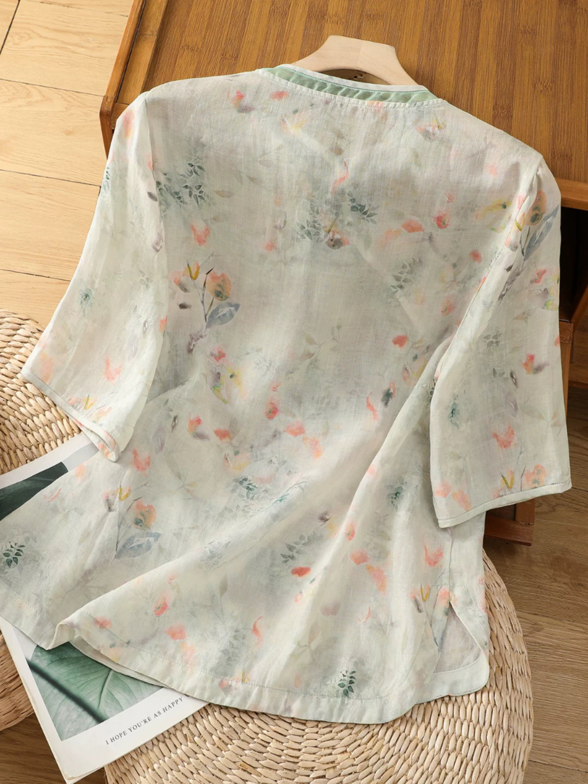 Floral Print Cotton Linen Three Quarter Sleeve Shirt
