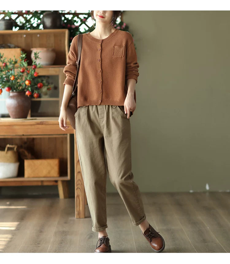 Cotton-Blend Knit Cardigan with V-Neck & Chest Pocket