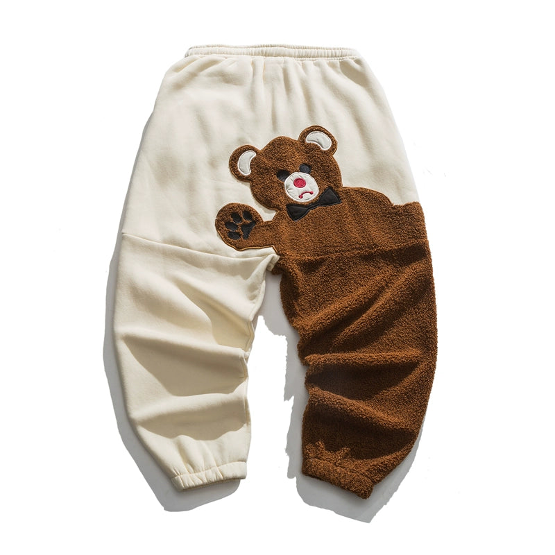 Pantalones bombachos extragrandes de polar con diseño de oso de dibujos animados para hombre