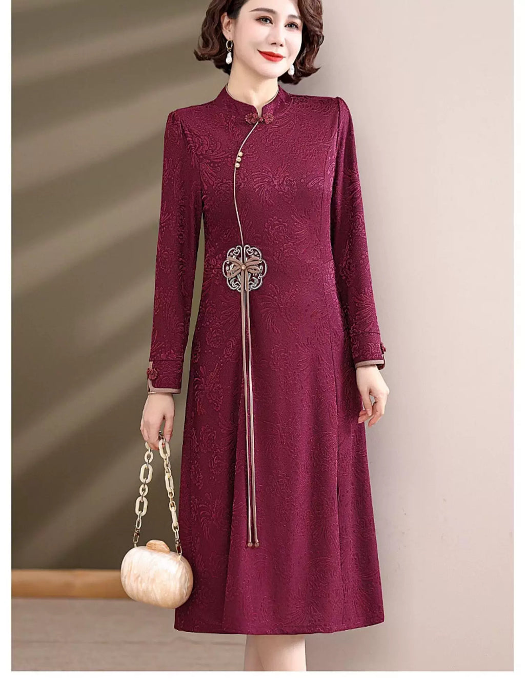 Linen-Look Textured Midi Dress with Chinese-Style Stand Collar