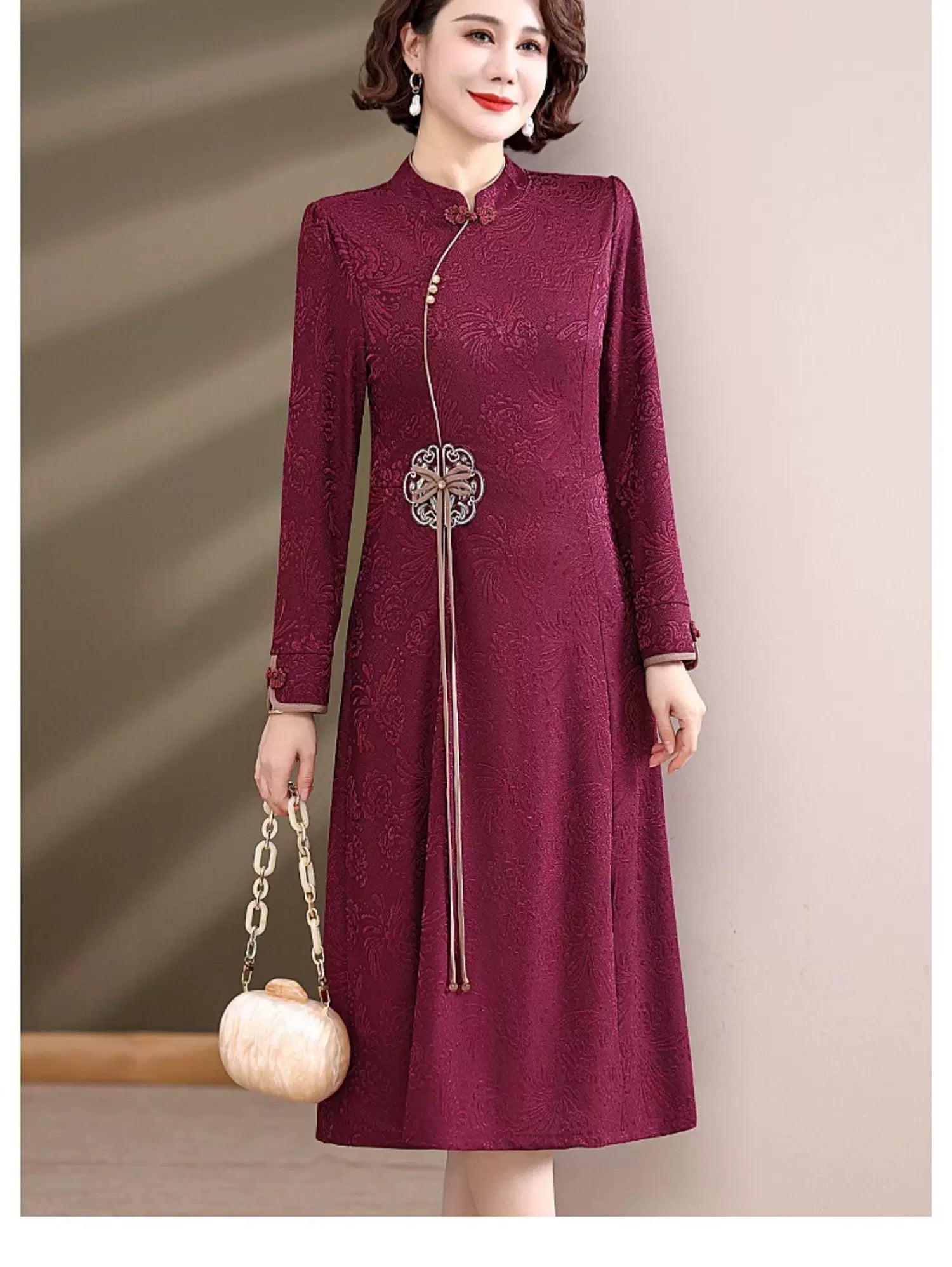 Linen-Look Textured Midi Dress with Chinese-Style Stand Collar