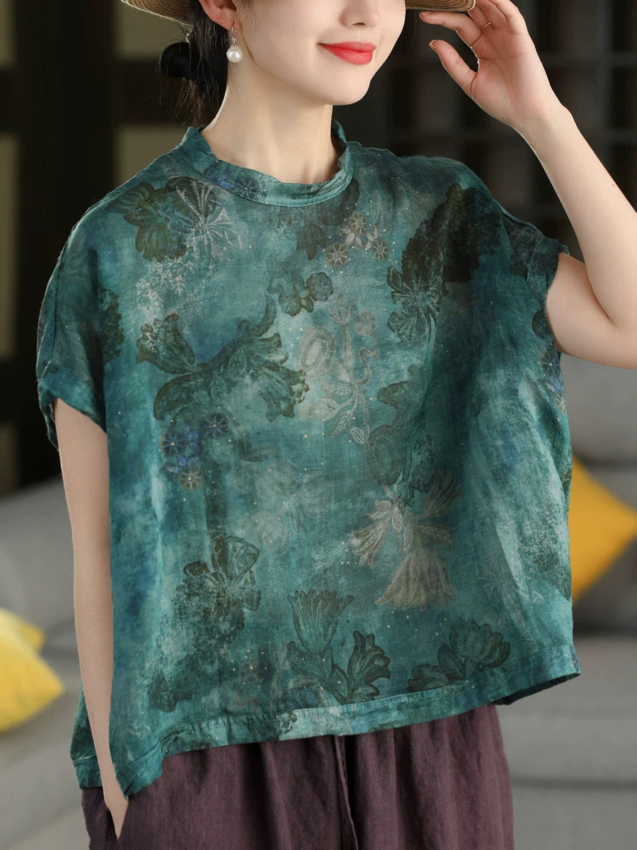 100% Ramie Top with Floral Print & Small Stand Collar