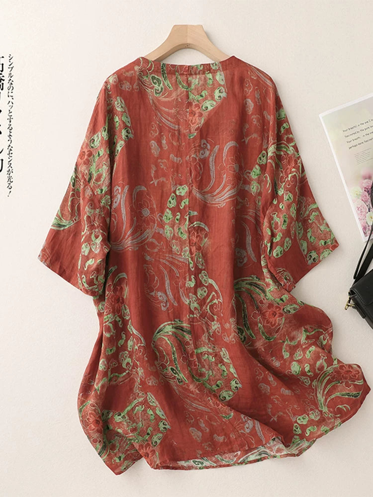 Floral Print Cotton Linen Half Sleeve Tunic