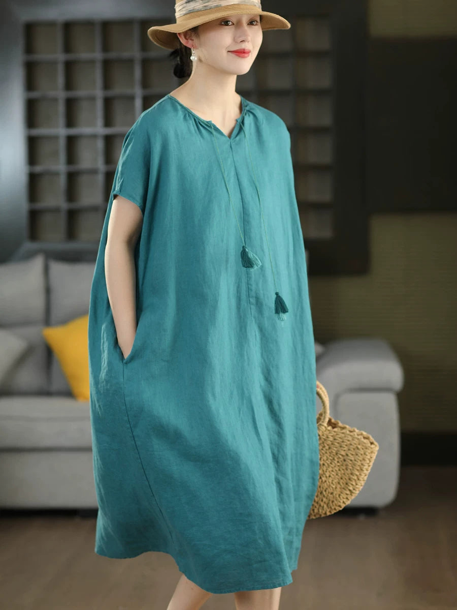 Pure Linen V-Neck Midi Dress with Tassel Trim
