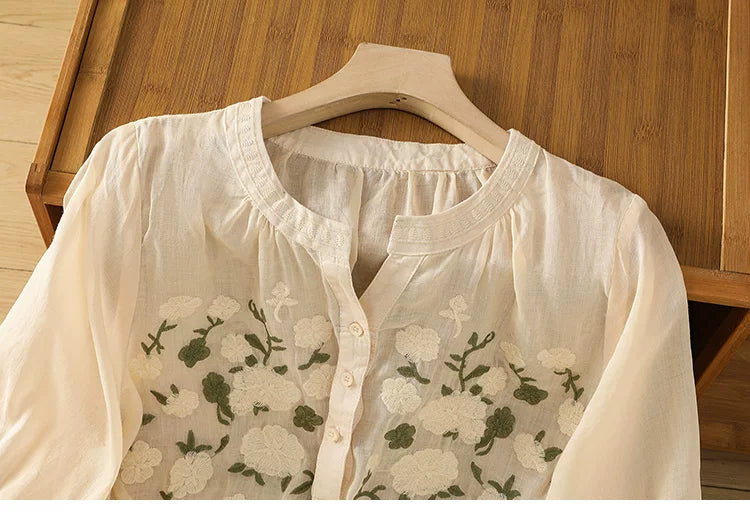 Embroidered Three Quarter Sleeve Cotton Linen Shirt