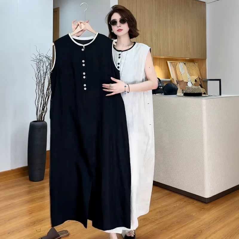French Linen Sleeveless Midi Dress with Side Slit