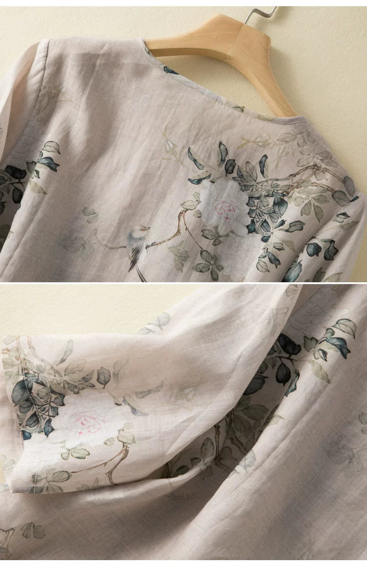 Botanical Bird Print Cotton Linen Three Quarter Sleeve Shirt