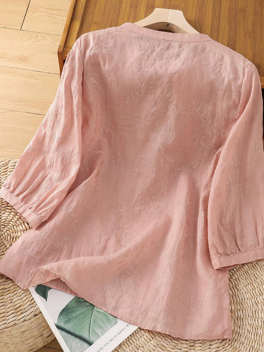 Embroidered Botanical Vine Cotton Linen Three Quarter Sleeve Shirt
