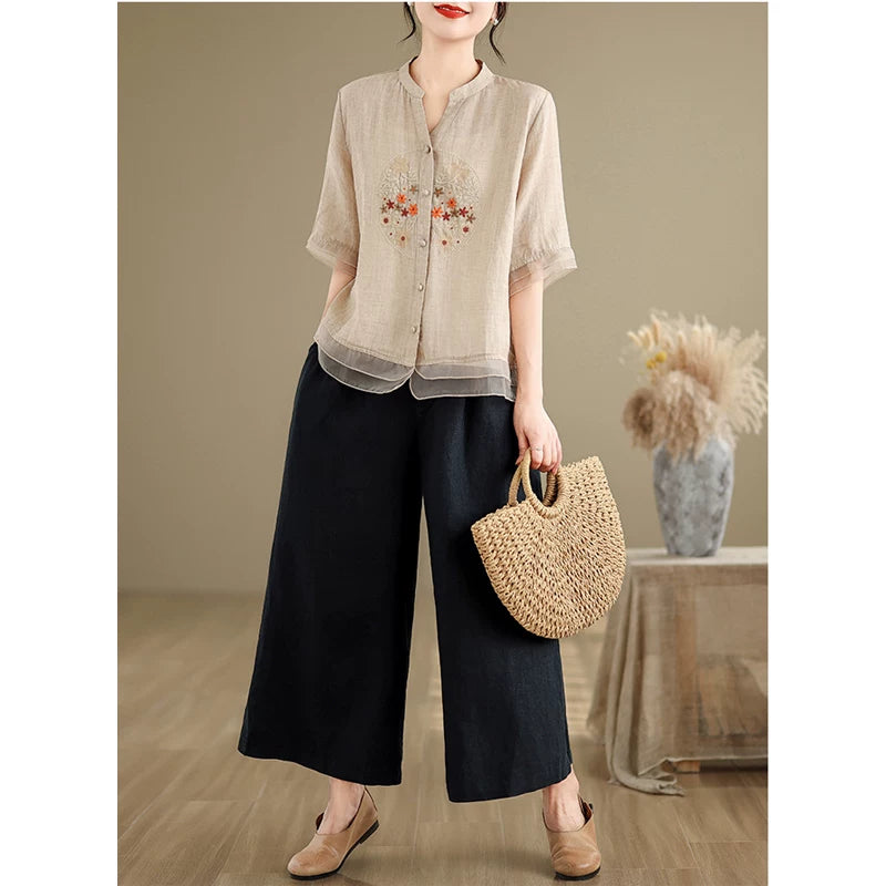Embroidered Cotton Linen Half Sleeve Shirt with Organza Hem