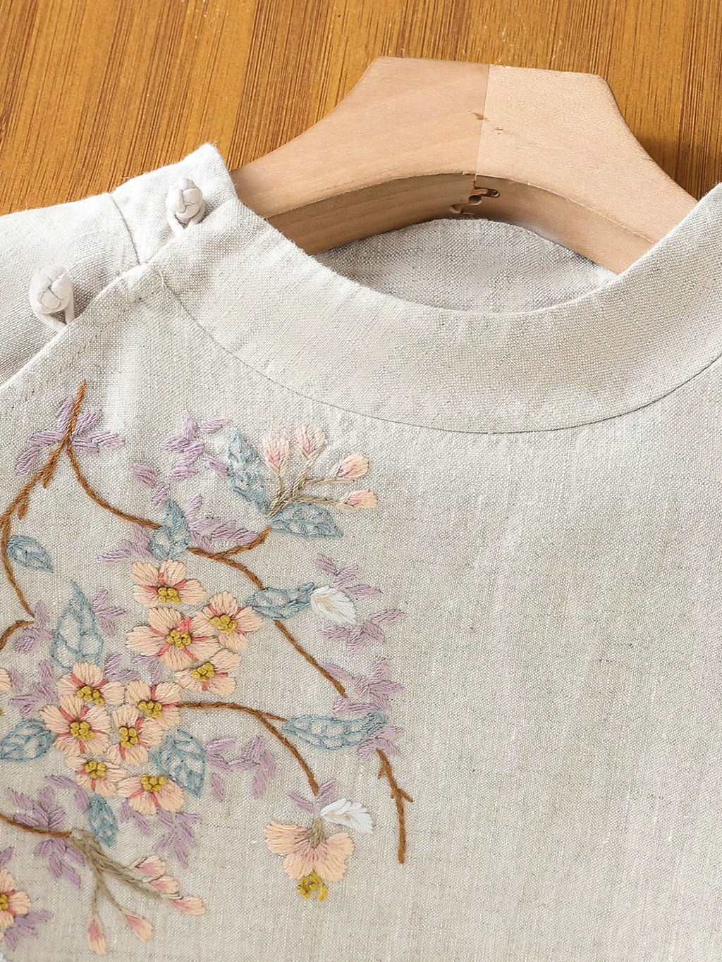 Embroidered Cotton Linen Three Quarter Sleeve Shirt