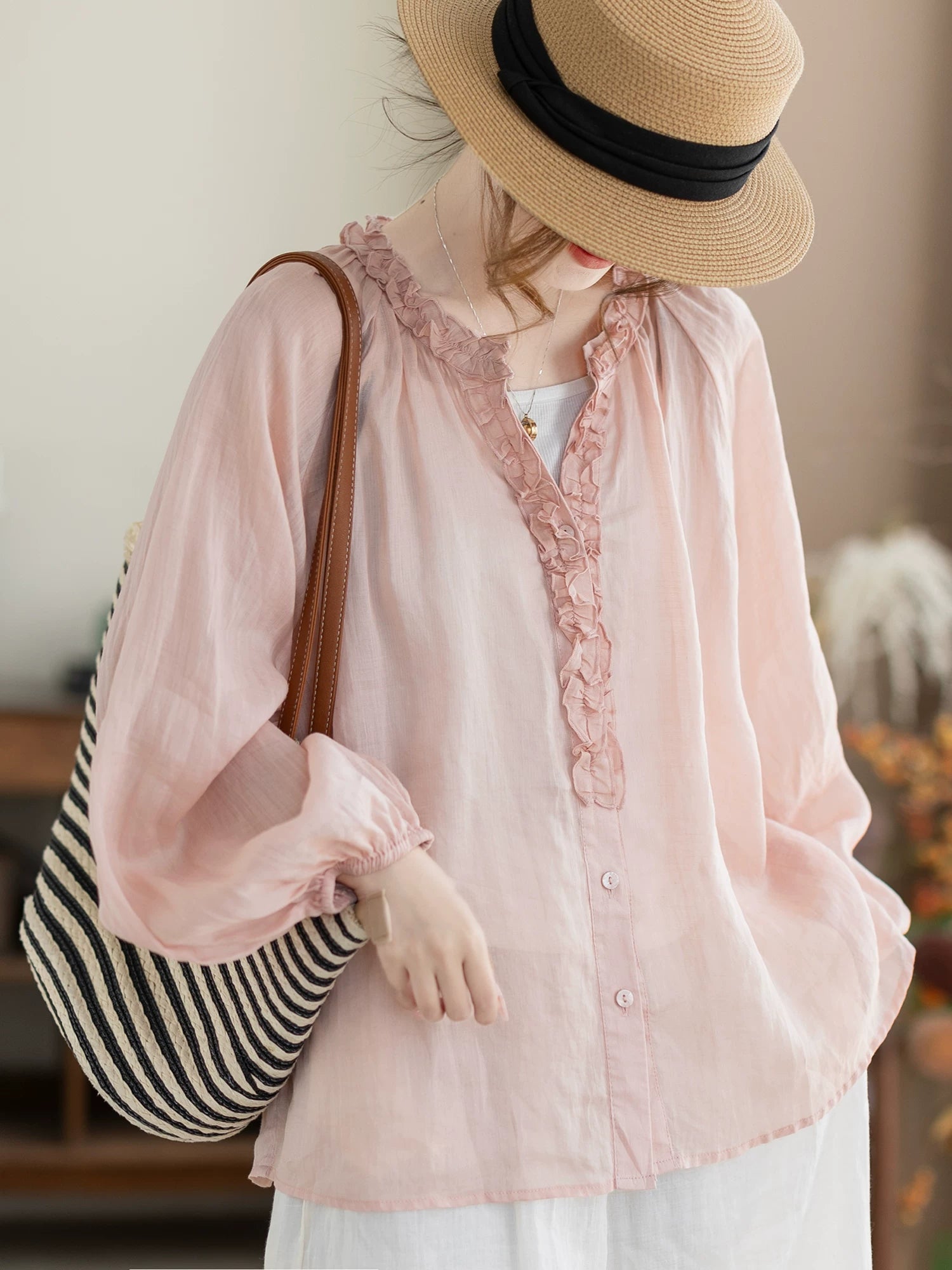 100% Ramie Blouse with Ruffled V-Neck & Elbow Sleeves