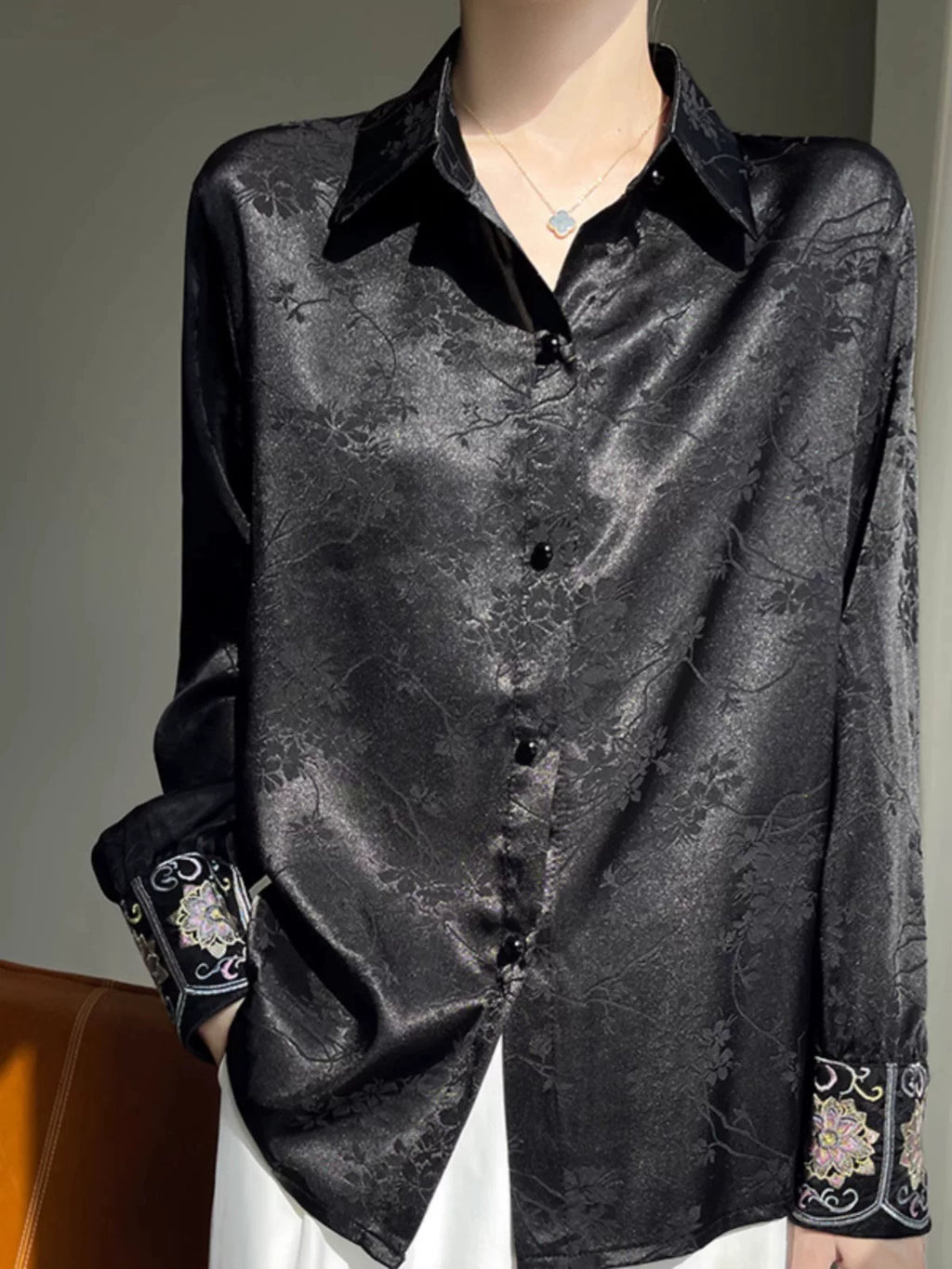 Acetate Woven Blouse with Frog Buttons