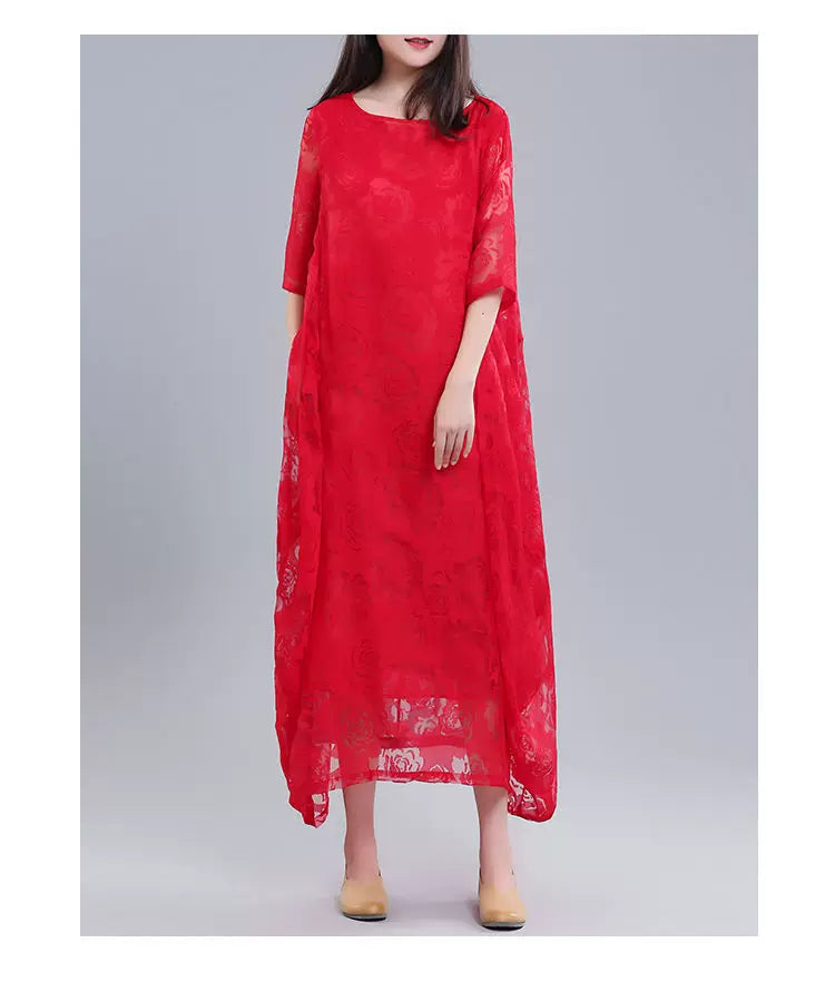 Floral Jacquard Maxi Dress with Sheer Overlay