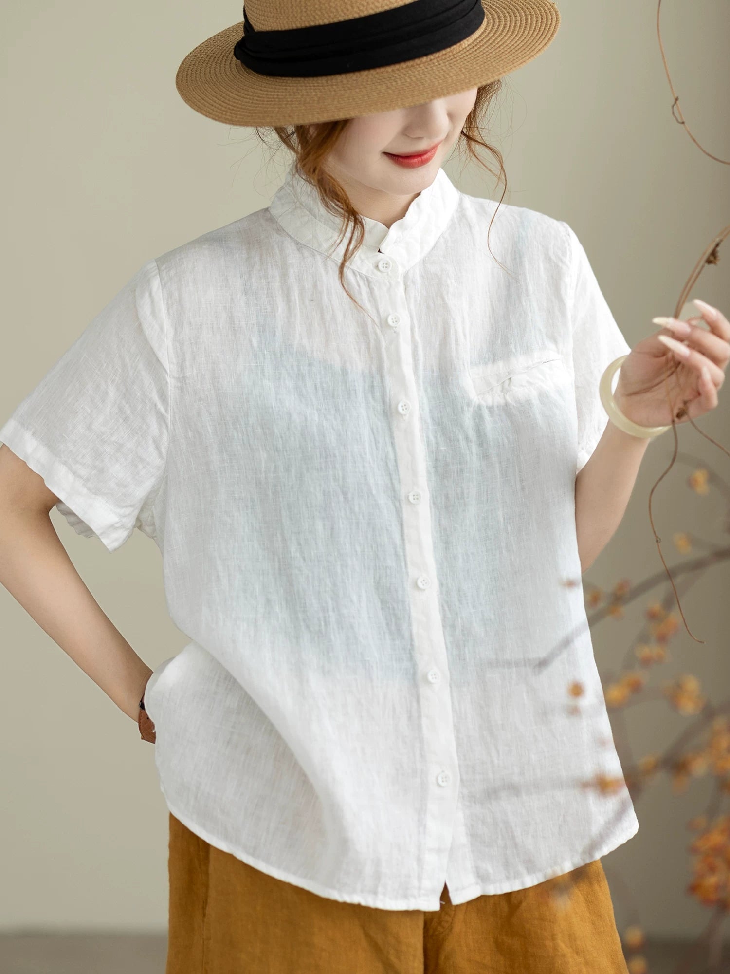 100% Linen Button-Front Top with Small Stand Collar