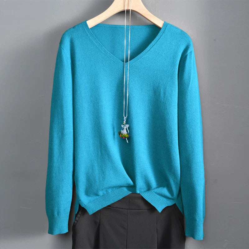 V-Neck Knit Top with Ribbed Cuffs & Side Slit