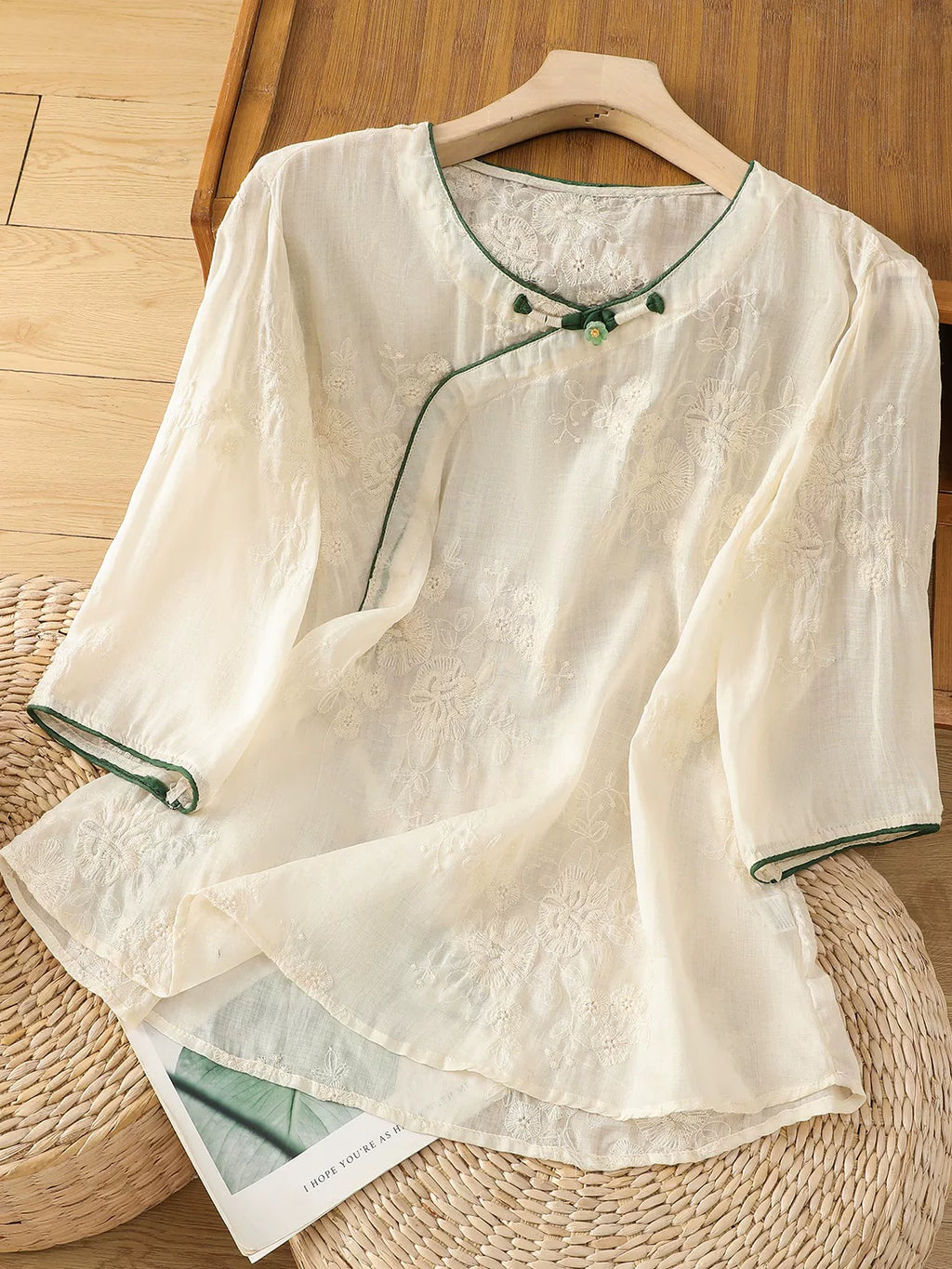 Embroidered Cotton Linen Three Quarter Sleeve Shirt