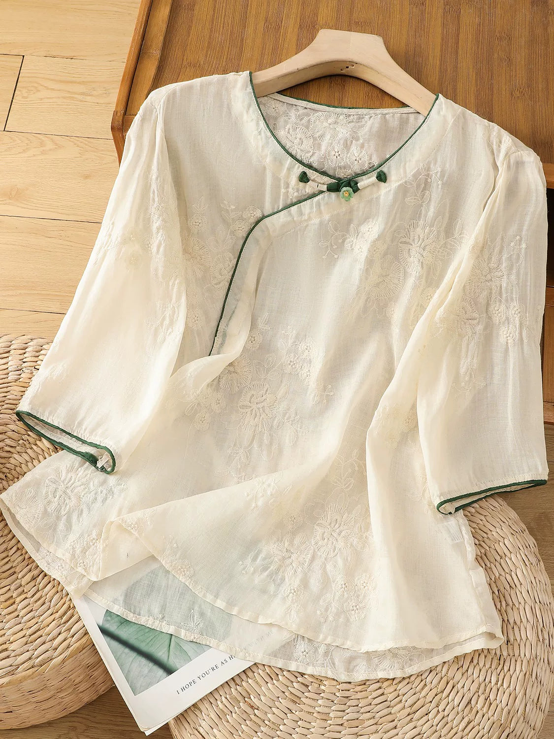 Embroidered Cotton Linen Three Quarter Sleeve Shirt