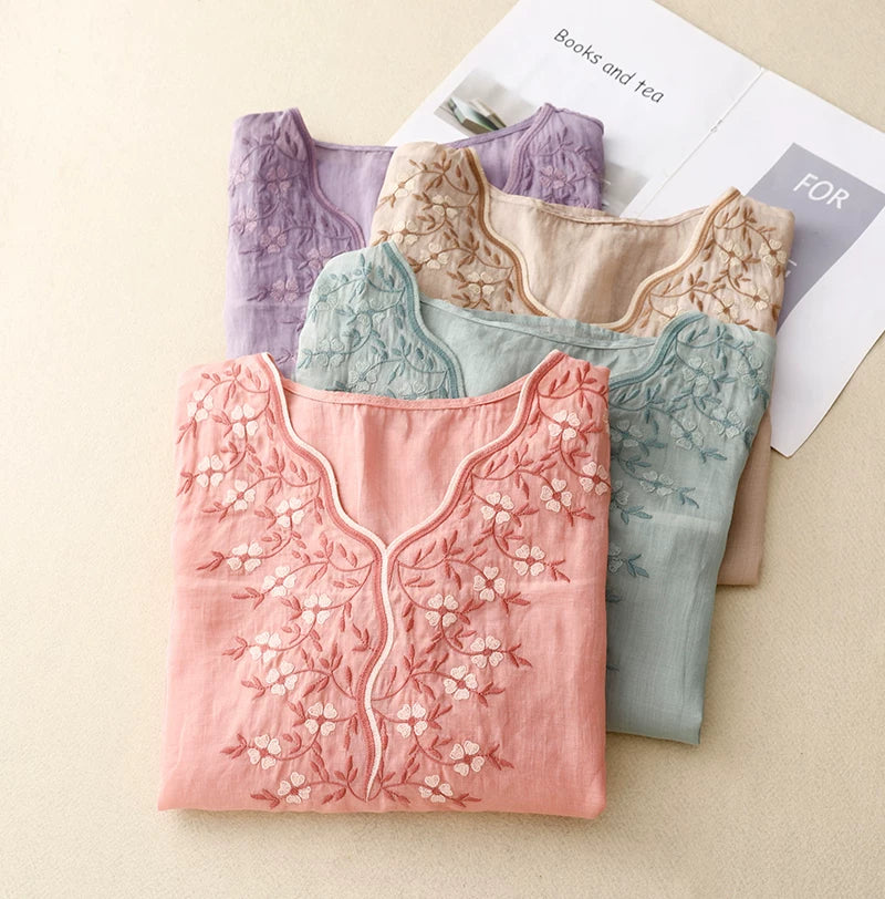 Embroidered Three Quarter Sleeve V-Neck Shirt