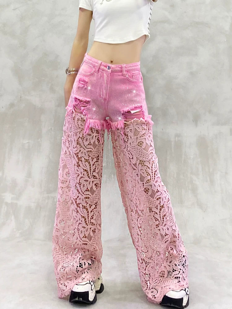 Lace-Embellished High-Waisted Wide-Leg Jeans