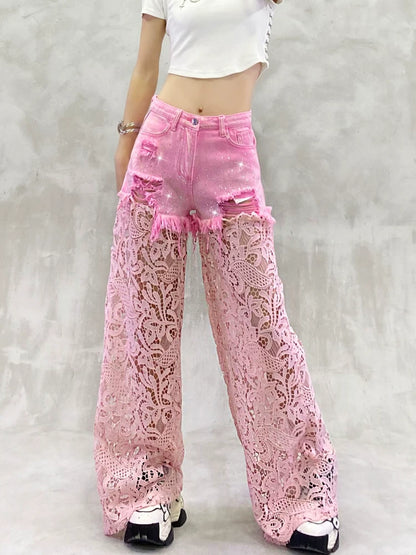Lace-Embellished High-Waisted Wide-Leg Jeans