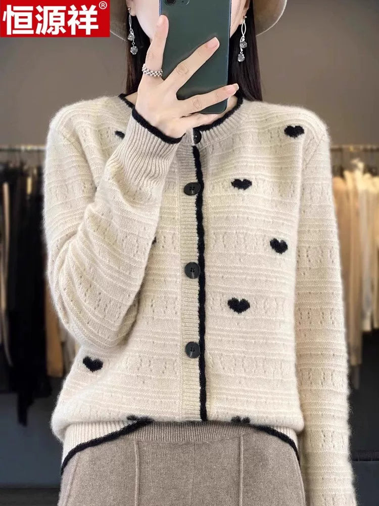 Heart-Motif Wool-Like Knit Cardigan, Relaxed Hip-Length