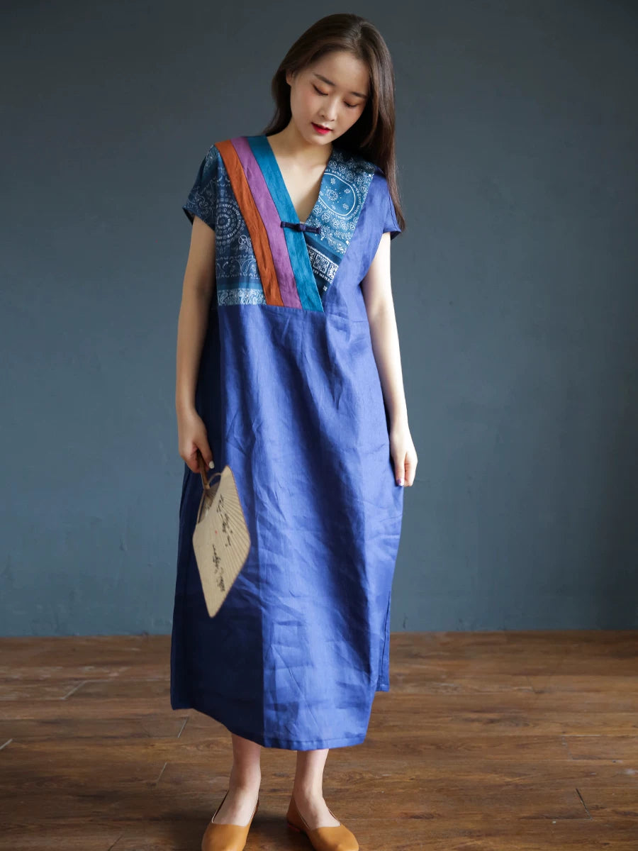 Relaxed Linen-Cotton Midi Dress with Frog Buttons