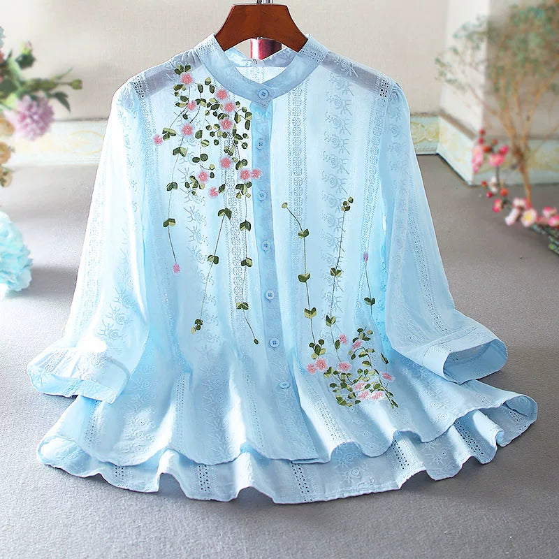 Cotton Blouse with Floral Embroidery & Eyelet Lace