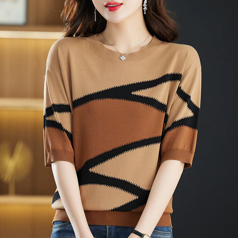 Relaxed Knit Top with Geometric Color-Block Design