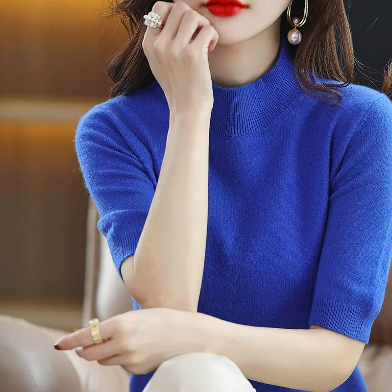 Relaxed Knit Top with Small Stand Collar & Elbow Sleeves