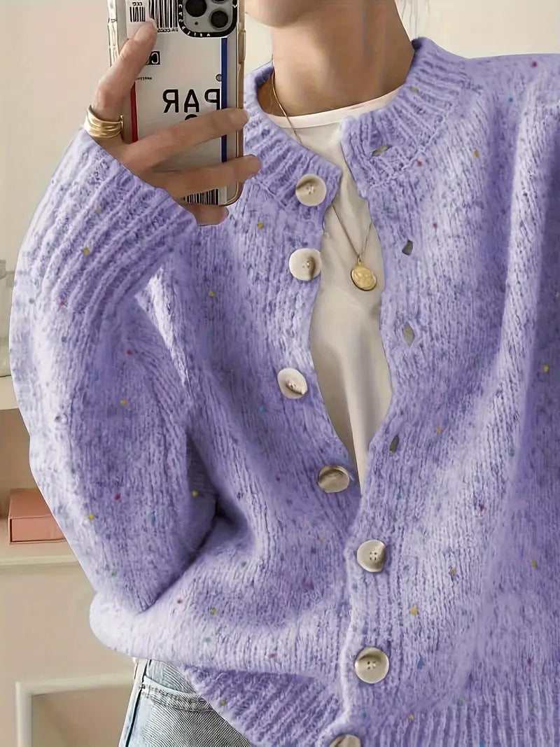 Speckled Yarn Cardigan with Front Buttons