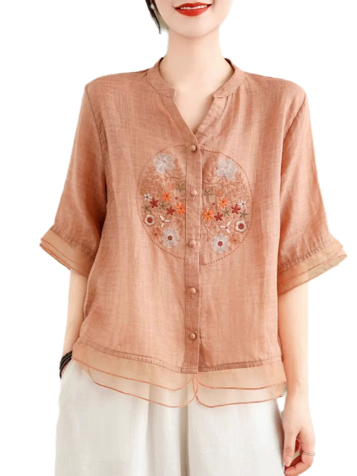 Embroidered Cotton Linen Half Sleeve Shirt with Organza Hem