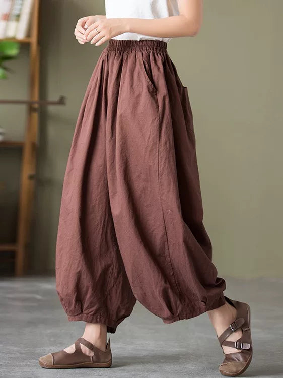 Balloon-Leg Cropped Pants with Linen-Look Texture