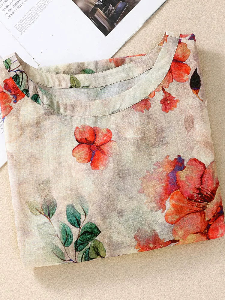 Floral Print Shirt with Three Quarter Sleeves, Cotton Linen