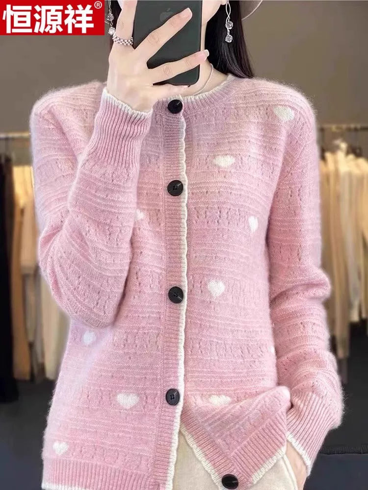 Heart-Motif Wool-Like Knit Cardigan, Relaxed Hip-Length