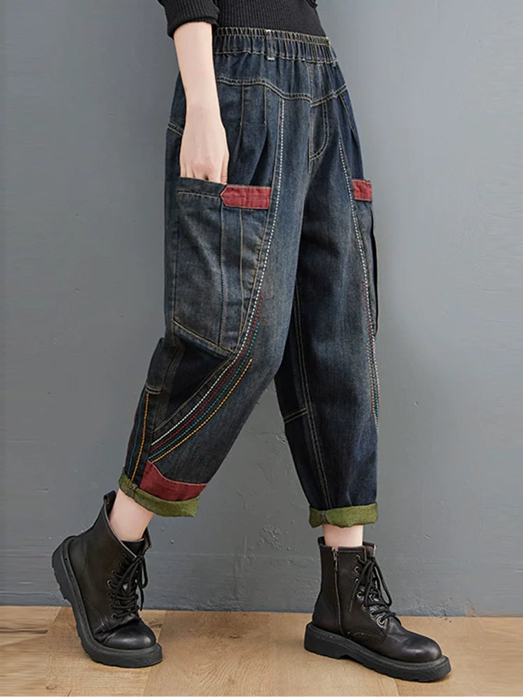Denim Pants: Relaxed Tapered Barrel-Leg with Elastic Waist