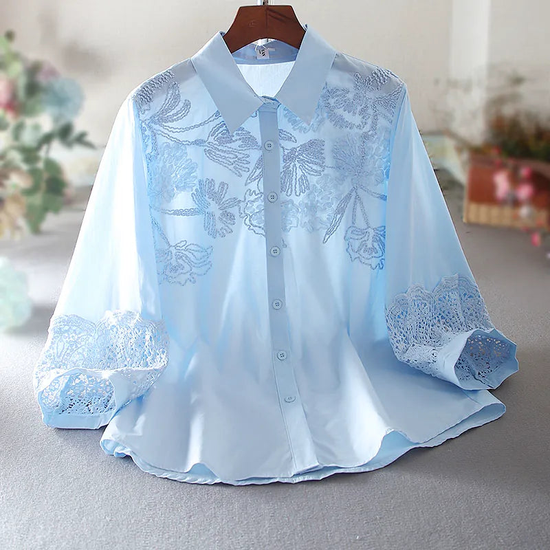100% Cotton Blouse with Floral Embroidery & Lace Cuffs