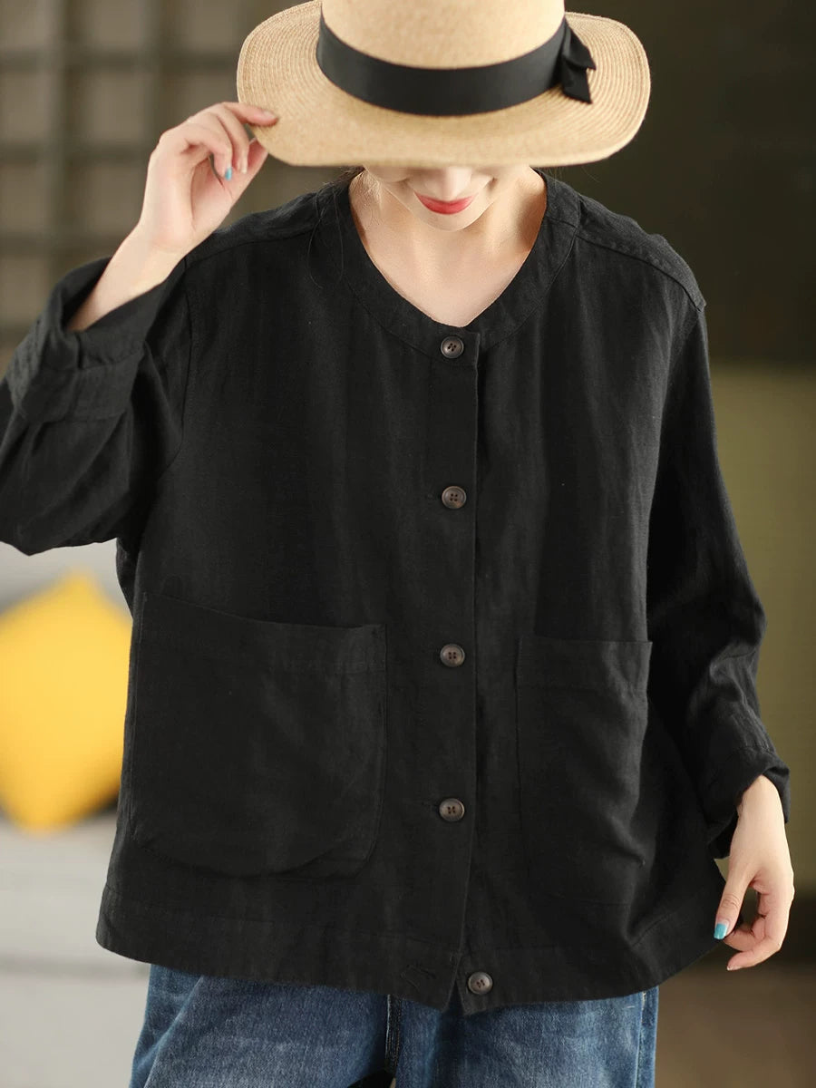 100% Linen Button-Front Top with Patch Pockets