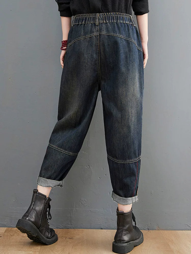 Denim Pants: Relaxed Tapered Barrel-Leg with Elastic Waist