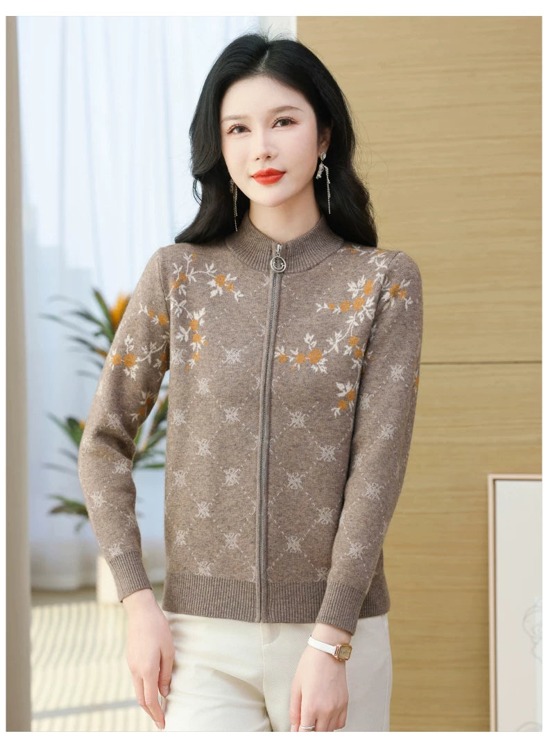 Floral Jacquard Zip-Front Cardigan, Small Stand Collar