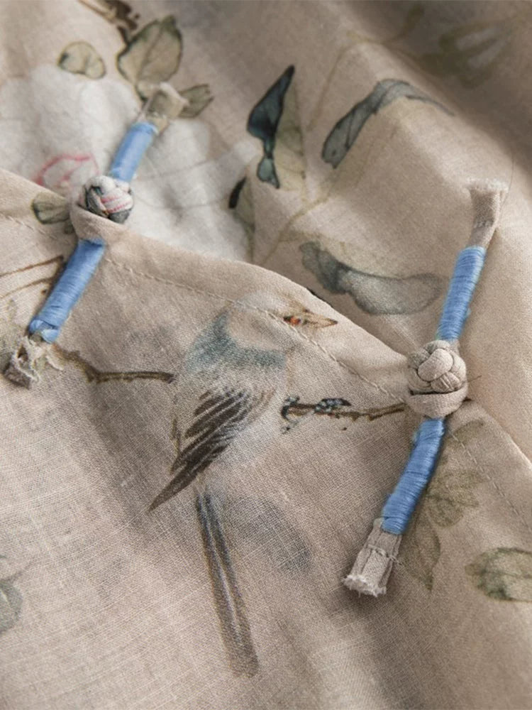 Botanical Bird Print Cotton Linen Three Quarter Sleeve Shirt