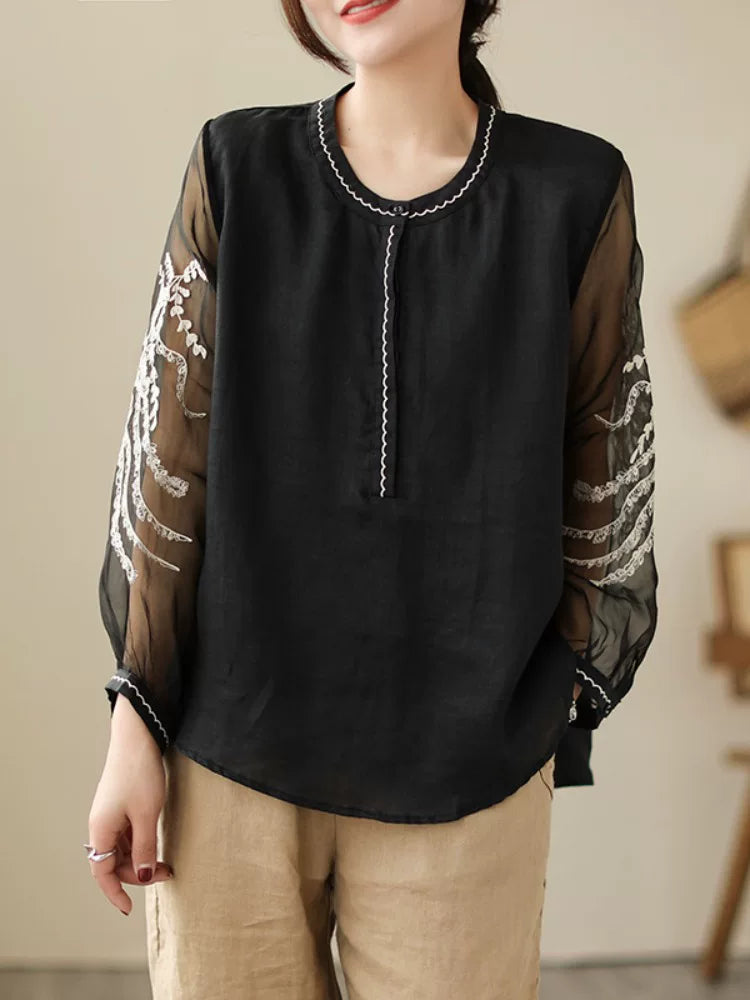 Sheer Mesh Sleeve Top with Embroidered Botanical Detail