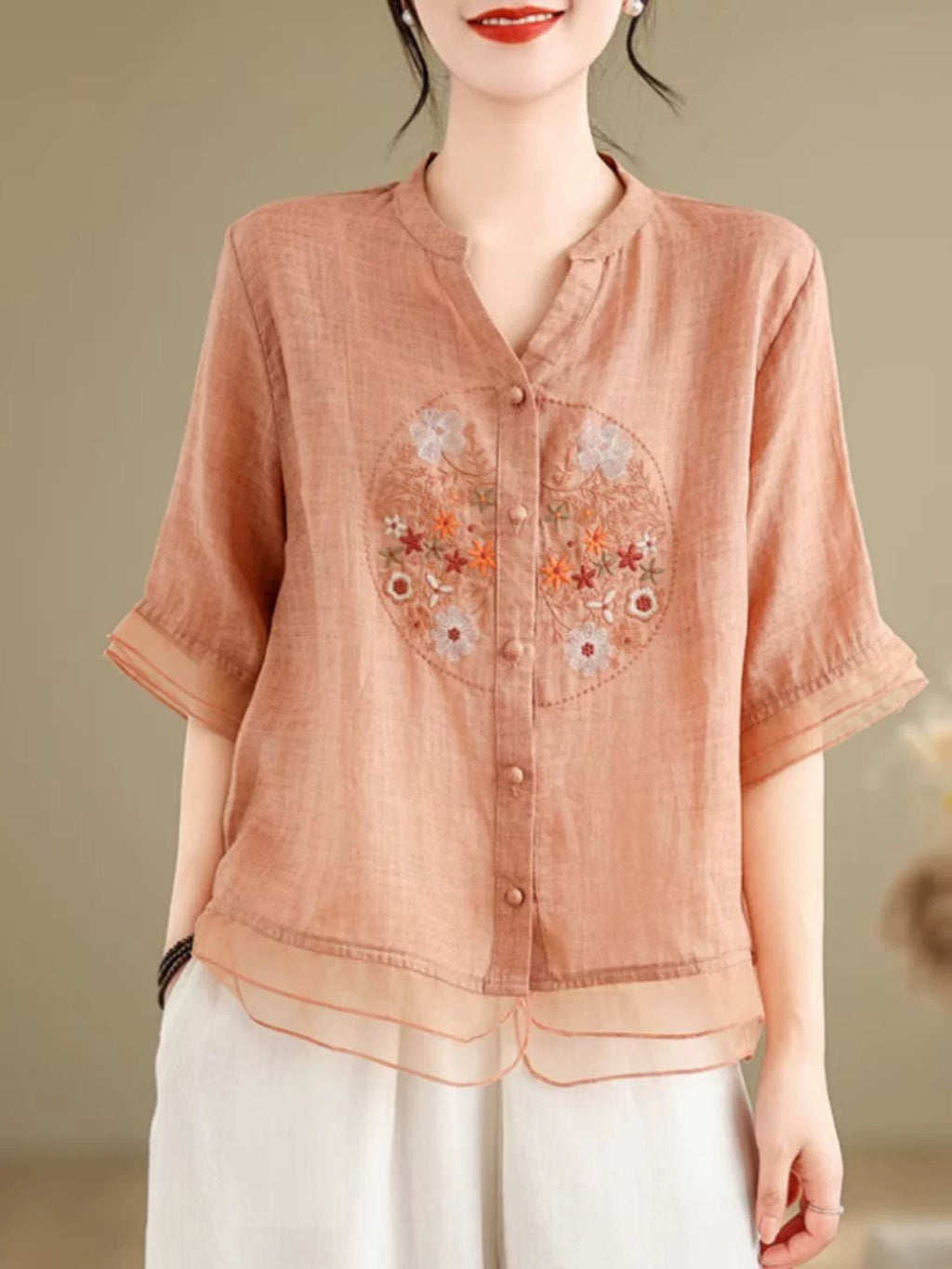 Embroidered Cotton Linen Half Sleeve Shirt with Organza Hem