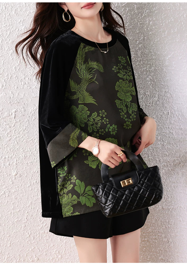 Jacquard Top with Velvet-Sleeve Contrast