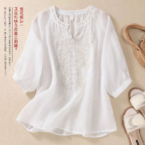 Embroidered Three Quarter Sleeve Blouse, Cotton Linen
