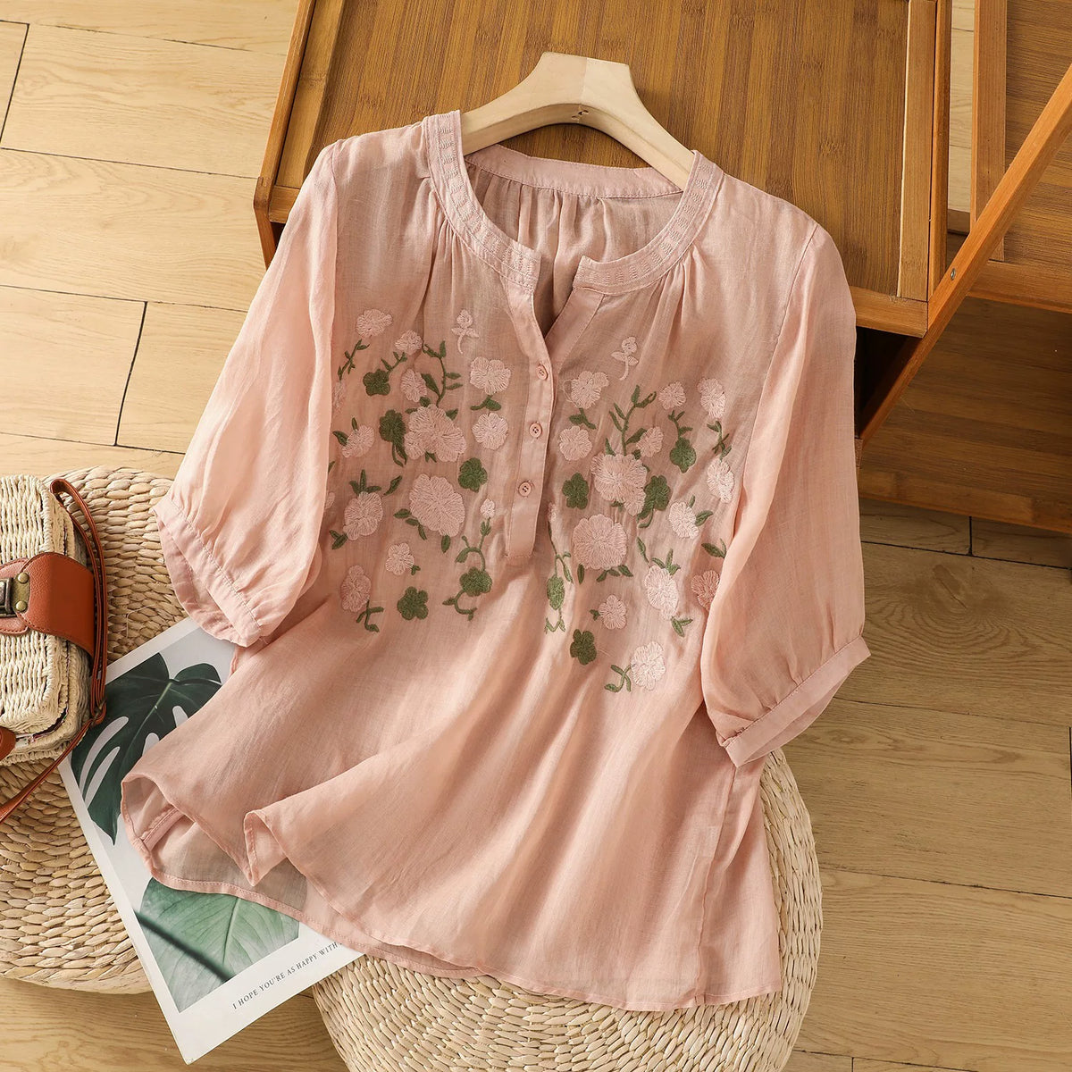 Embroidered Three Quarter Sleeve Cotton Linen Shirt