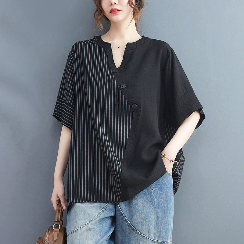 Asymmetrical Striped-Solid Panel Top in Cotton-Linen Blend