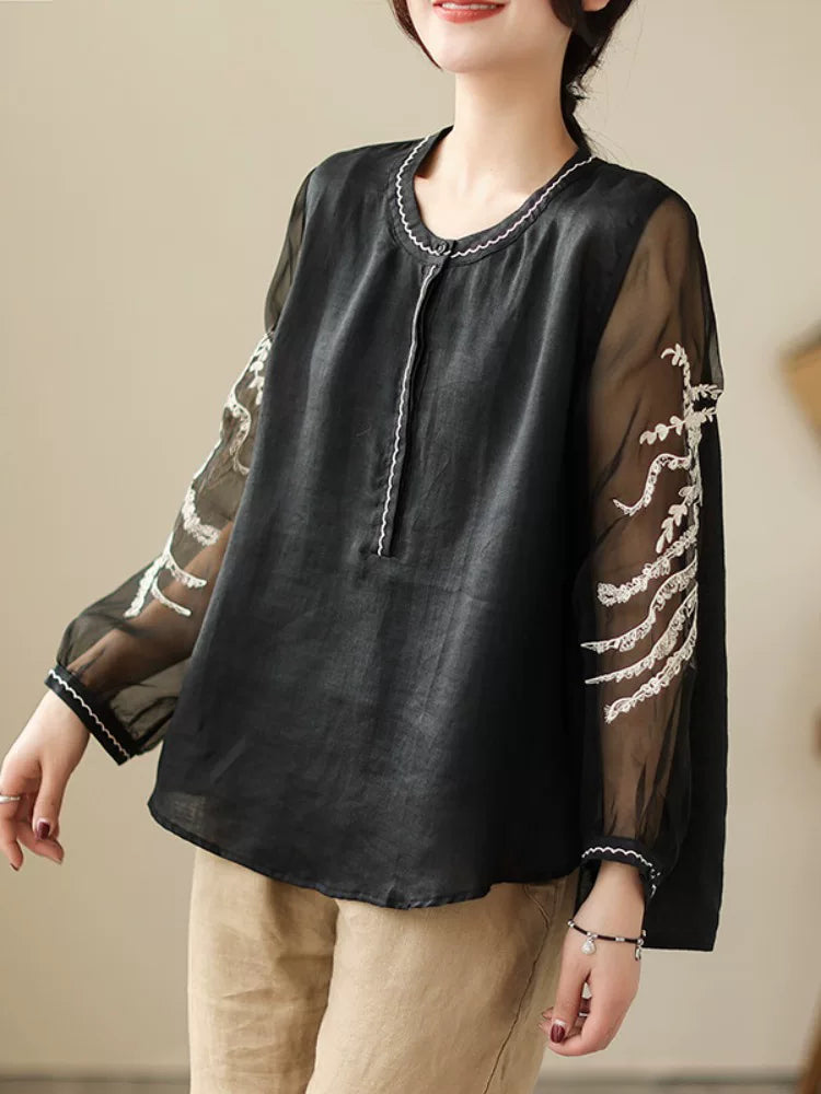 Sheer Mesh Sleeve Top with Embroidered Botanical Detail