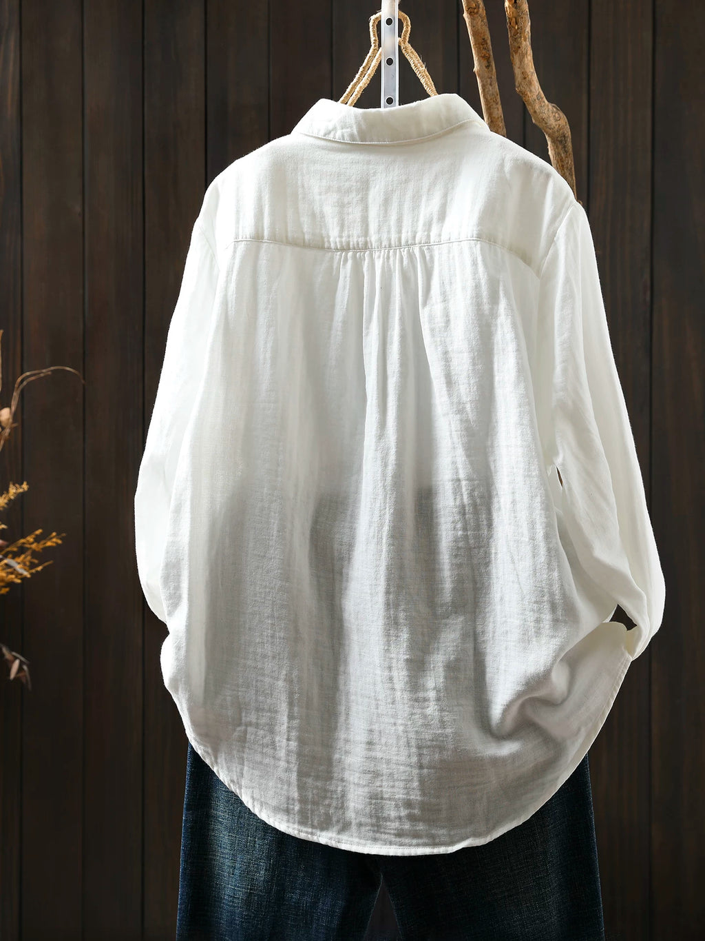 Linen Blouse with Porcelain Print & Button Front