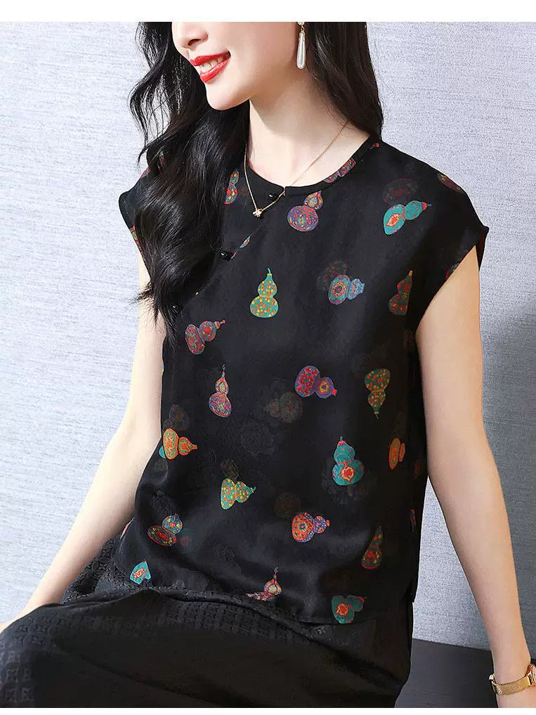 Gourd-Print Silky-Feel Top with Elbow Sleeves