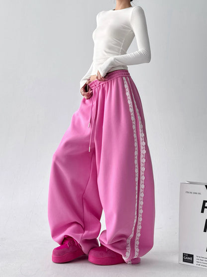 Korean-Style Lace-Trimmed Straight Leg Sweatpants